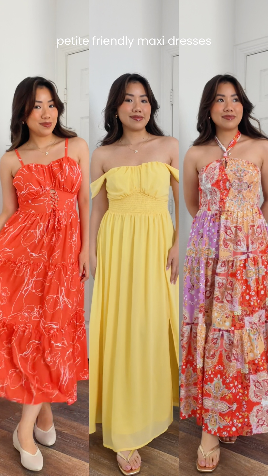 3 beautiful maxi dresses that are petite friendly (if you are > 5'2). Wearing size S in all 

vacation dress maxi dress summer dress spring dress 

 #LTKPetite #LTKFindsUnder50 #LTKWedding