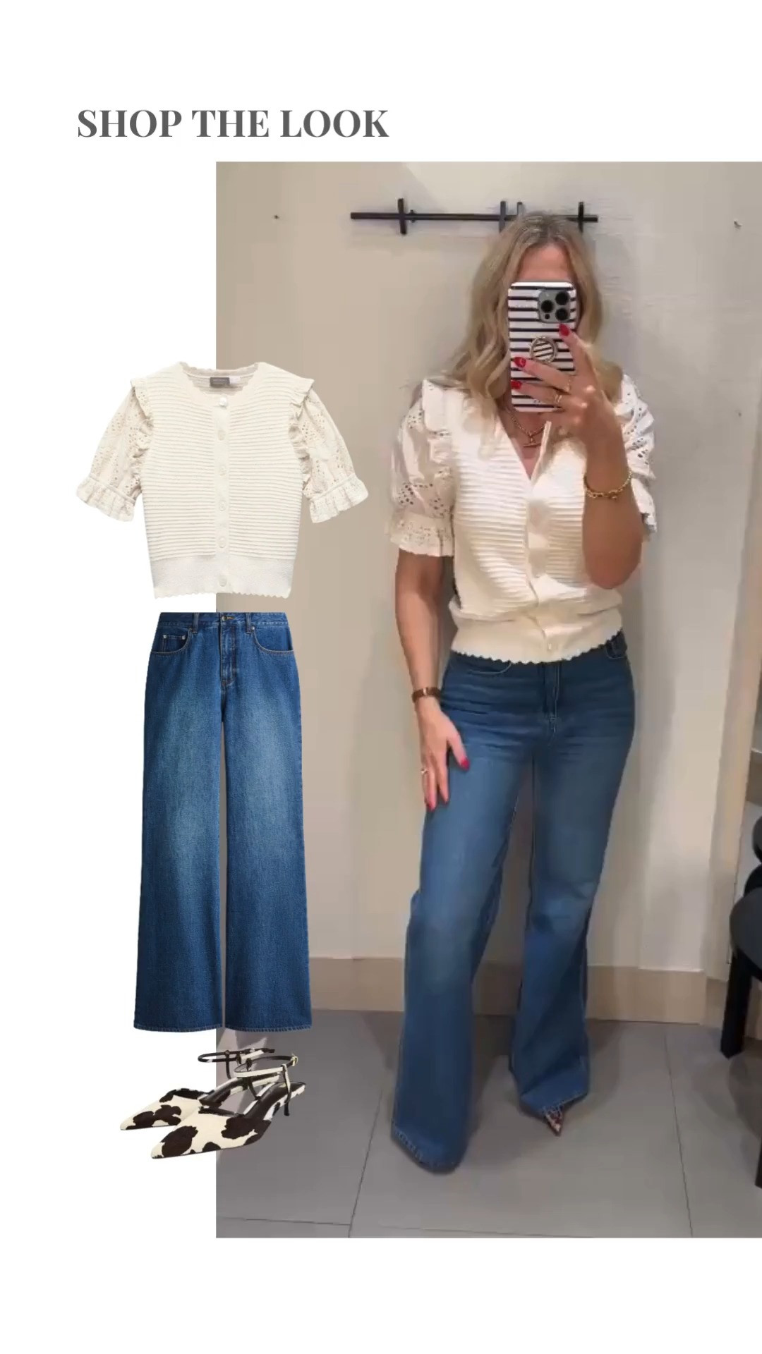 Shop the look! Mint Velvet outfit idea, Cream Broderie Sleeve Cardigan, spring fashion, spring outfit ideas, blue H&M wide leg jeans, casual style, leopard print heels, white shirt, easy outfit idea, transitional style, knitwear 

 #LTKuk #LTKspring #LTKstyletip