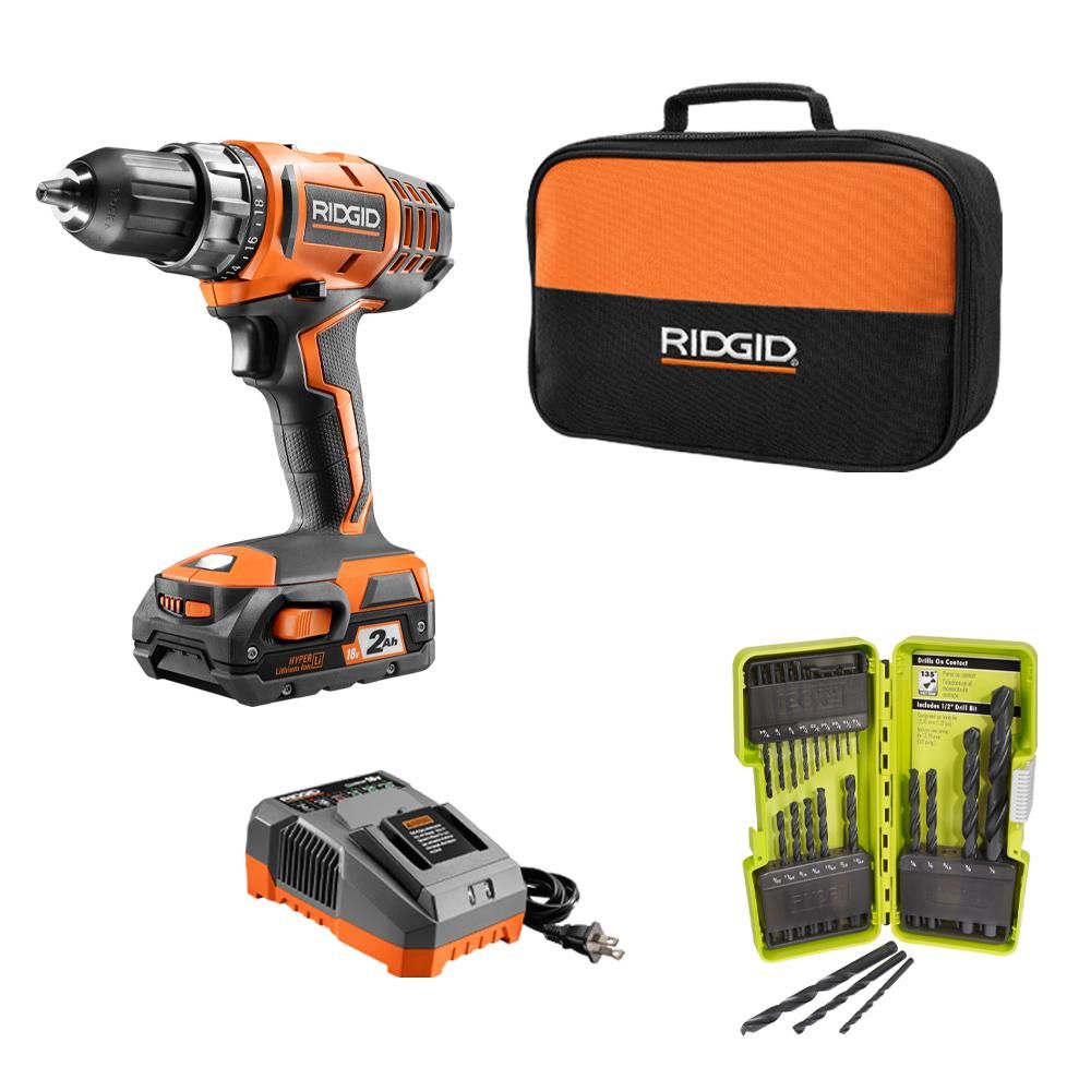 RIDGID 18-Volt Cordless 2-Speed 1/2 in. Compact Drill/Driver Kit and Black Oxide Drill Bit Set (21-P | The Home Depot