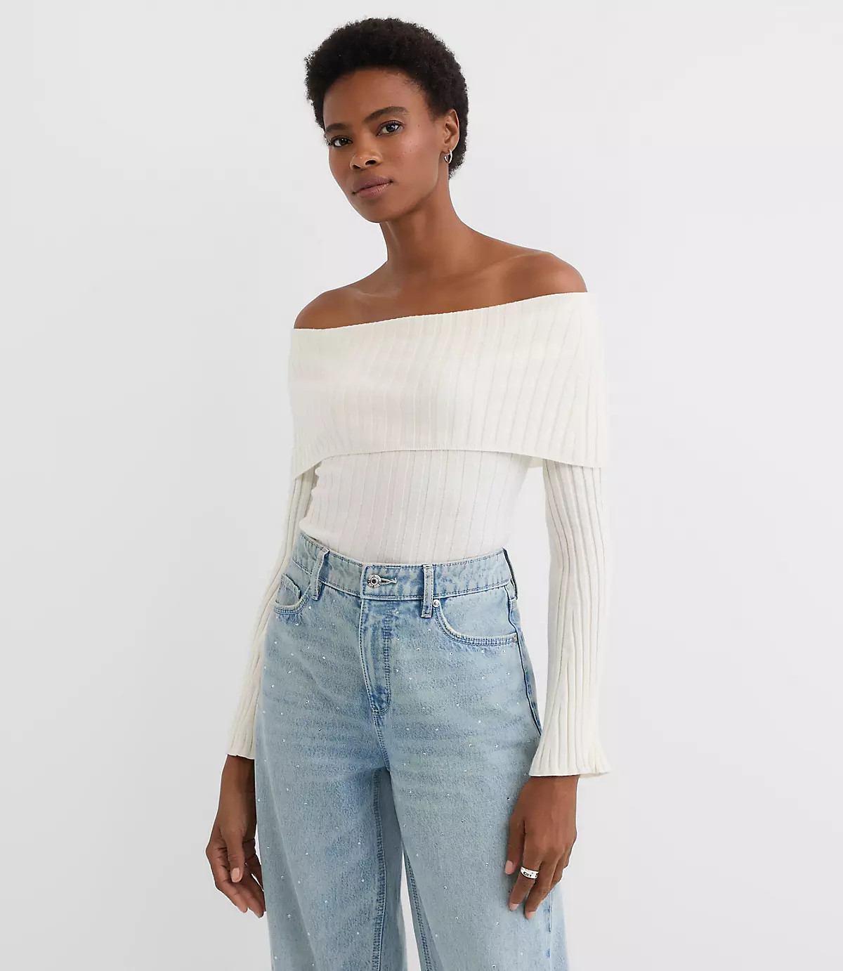 Ribbed Flare Sleeve Off The Shoulder Sweater | LOFT