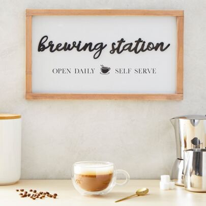 Wooden Brewing Station Sign with Hooks, Farmhouse Coffee Bar Decor (16 x 9 In) | SHEIN
