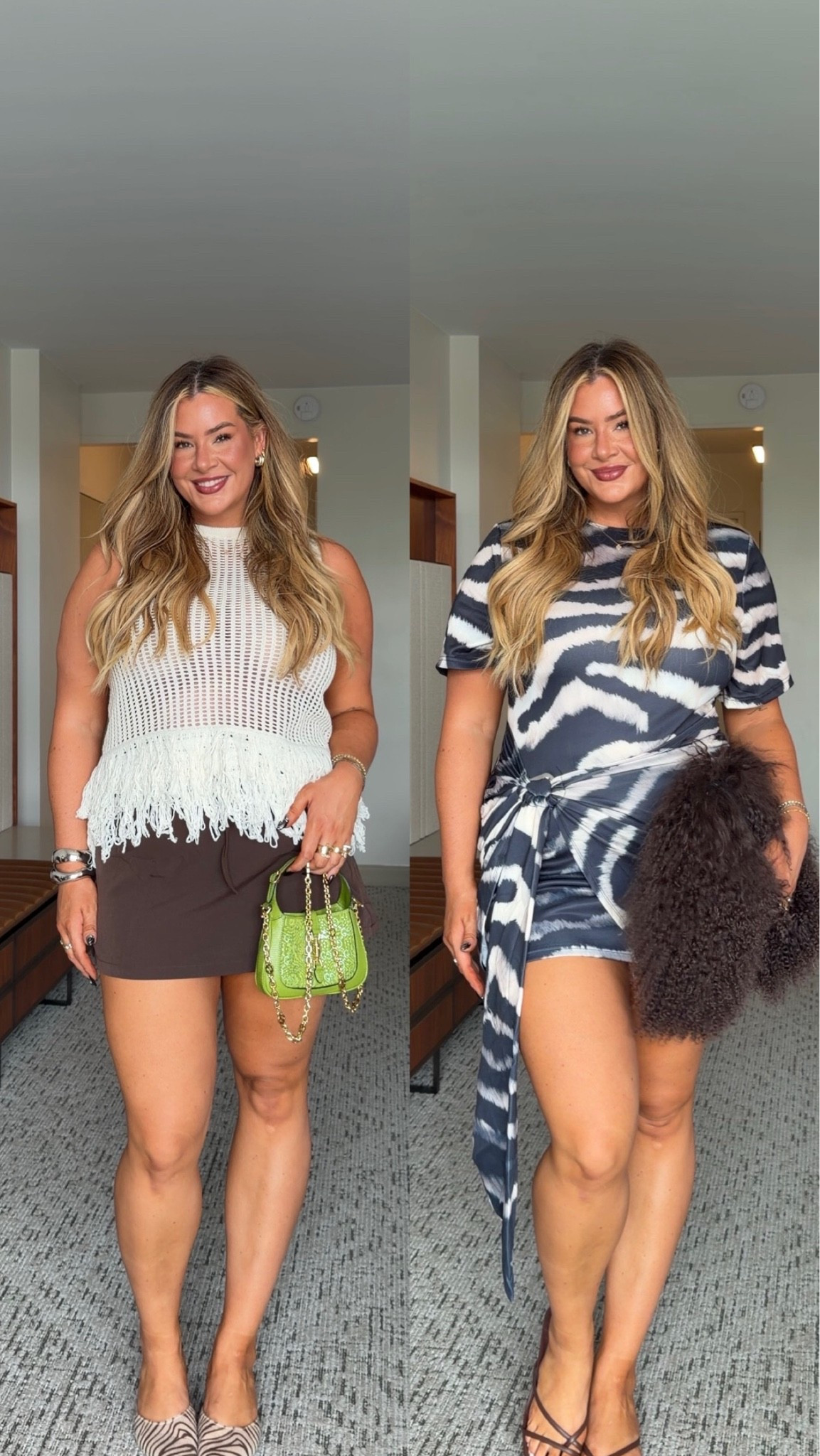 deciding which outfit for happy hour with the girls ✨ wearing an xxl in the brown skirt, a large in the white top, and an xl in the zebra dress

#LTKMidsize #LTKTall #LTKootd