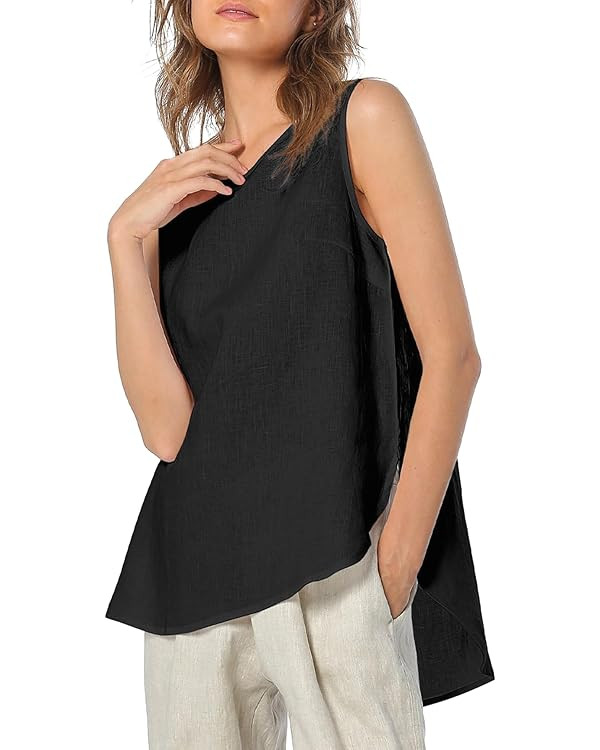 Amazhiyu Womens 100% Linen Tank Tops Casual Crewneck Sleeveless Blouses Summer | Amazon (US)