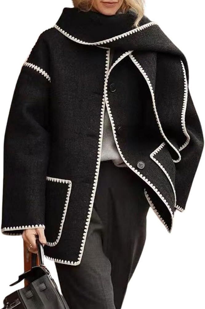 chouyatou Women's Fall Removable Scarf Collarless Wool Jacket Business Casual Oversized Winter Wo... | Amazon (US)