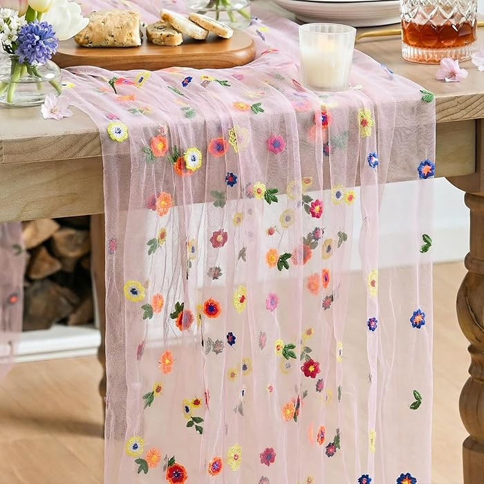 Artoid Mode Light Pink Wildflower Floral Gauze Embroidery Table Runner 120 Inch 10FT, Tulle Seaso... | Amazon (US)