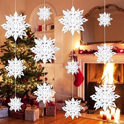 Christmas Hanging Snowflake Decorations, 12 PCS White 3D Glittery Paper Snowflakes for Window Xma... | Amazon (US)