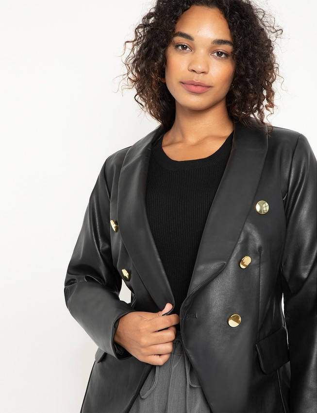 Double Breasted Faux Leather Blazer - Black | Eloquii