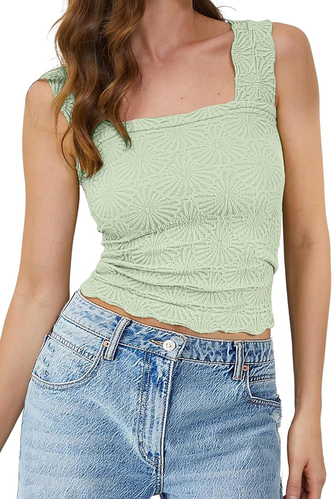 MISSACTIVER Women Square Neck Wide Straps Crop Tank Tops Casual Floral Sleeveless Lettuce Trim Sl... | Amazon (US)