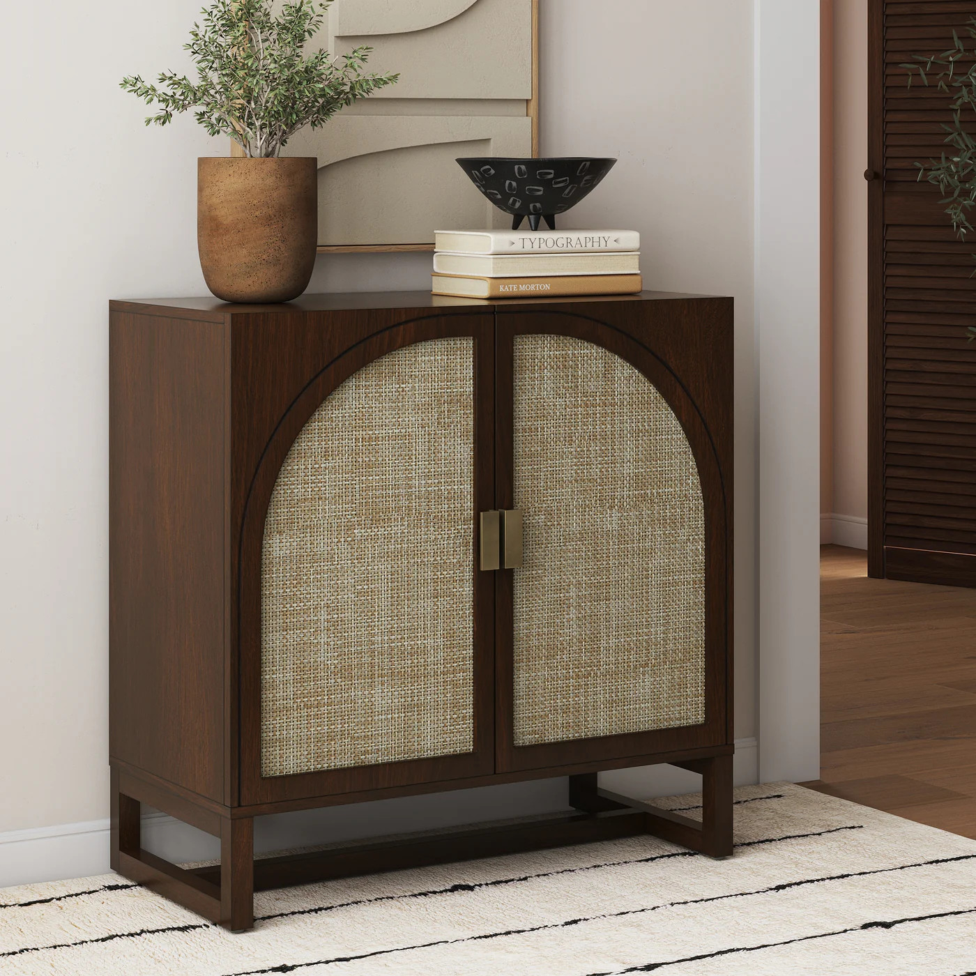 Boho Rattan Arched Door Storage Cabinet Dark Acacia | Nathan James