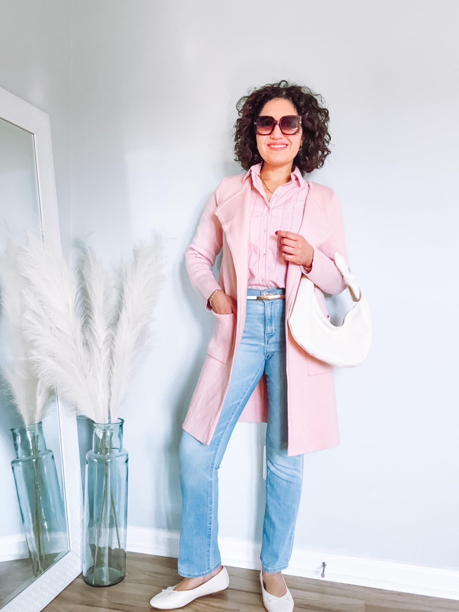 Spring outfit, pink cardigan, coatigan, pink shirt, stripe shirt, jeans 

#LTKStyleTip