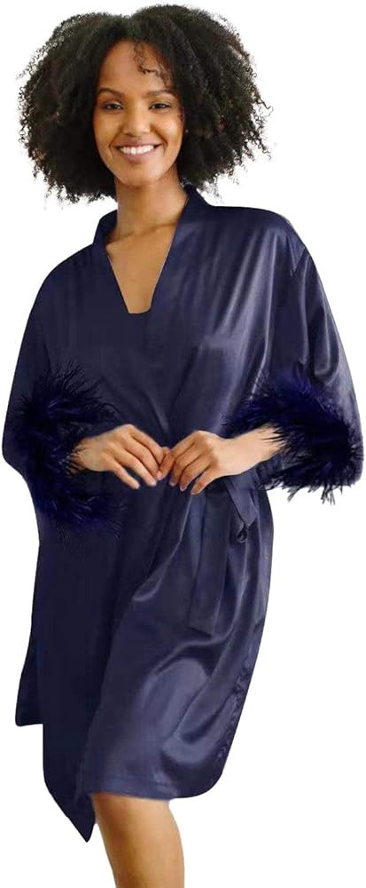 Belle's Design Feather Robe - Satin Silk Bridal Kimono with Feather Trim, Wedding, Bachelorette P... | Amazon (US)
