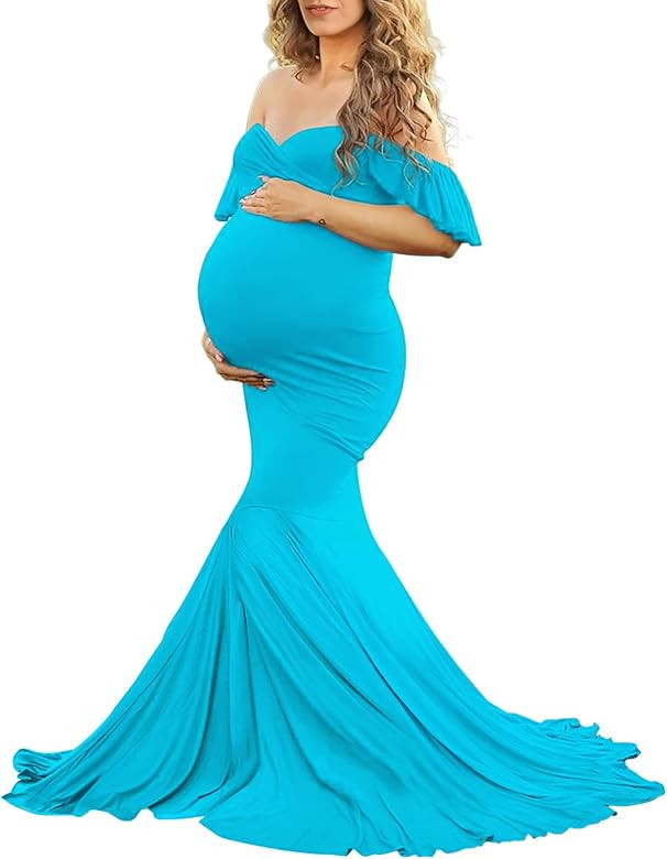 Saslax Off Shoulder Ruffle Sleeves Elegant Fitted Maxi Maternity Dress for Photoshoot Baby Shower | Amazon (US)