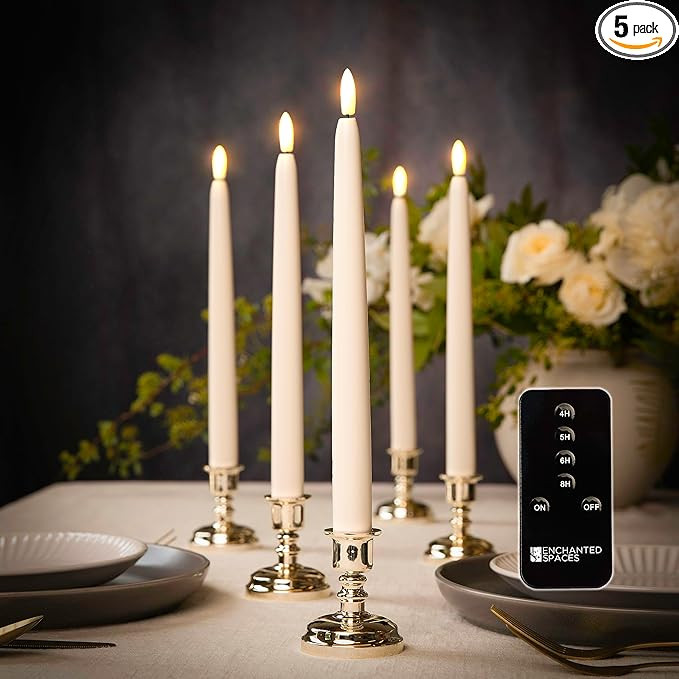Enchanted Spaces Set of 5 Flameless LED Ivory 10" Taper Candles Featuring Realistic Black Wick wi... | Amazon (US)