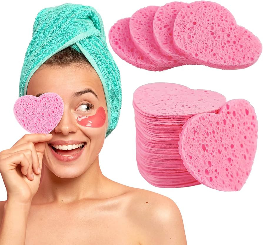 60-Count Compressed Facial Sponges for Cleansing Heart Shaped Face Sponges Washing Heart Face Exf... | Amazon (US)