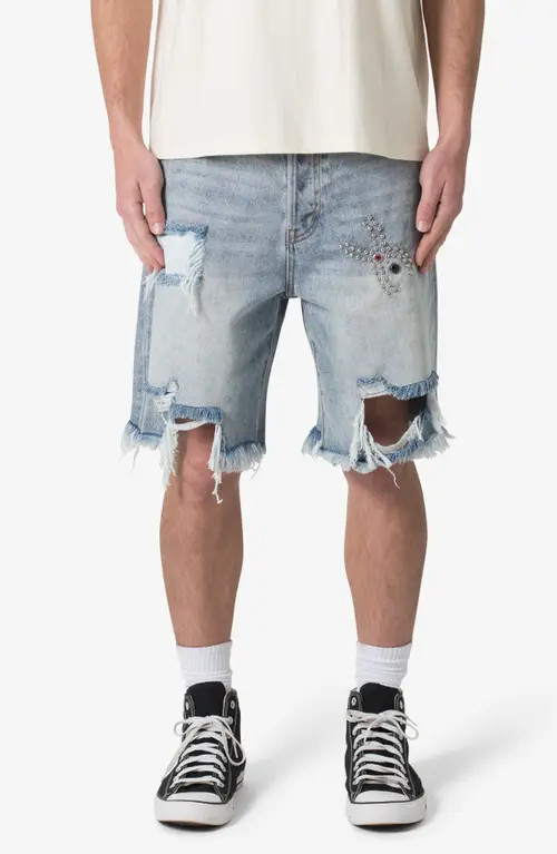mnml Distressed Spider Denim Shorts in Light Blue at Nordstrom, Size 31 | Nordstrom