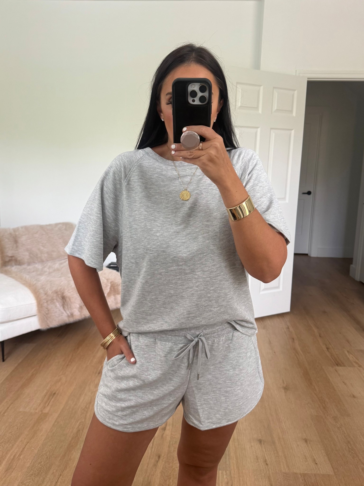 Walmart Finds. Joyspun Women's French Terry Short Sleeve Top and Shorts Pajama Set wearing size medium