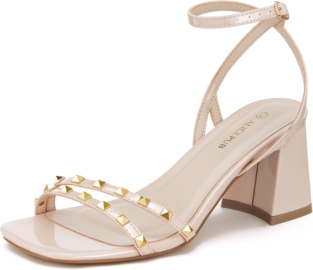 ALICEPUB Womens Chunky Block Heels Square Open Toe Sparkly Studded Sandals Ankle Strap Heels Comf... | Amazon (US)