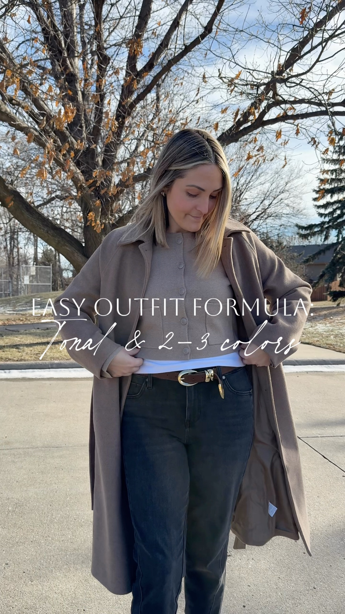 Easy chic tonal outfit! 

Fave Aritzia work top! Taupe coat, winter outfit, winter work outfit, neutral outfit, workwear, jeans #aritzia 

#LTKWorkwear #LTKootd