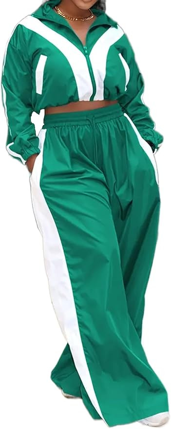 Angsuttc Track Suits for Women Set Color Block Two Piece Long Sleeve Cropped Jacket and Wide Leg ... | Amazon (US)