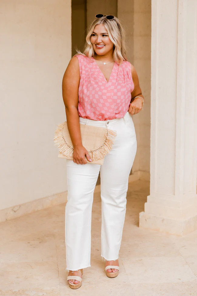 Every Single Time Pink Checkered Surplice Tank Bodysuit | Pink Lily