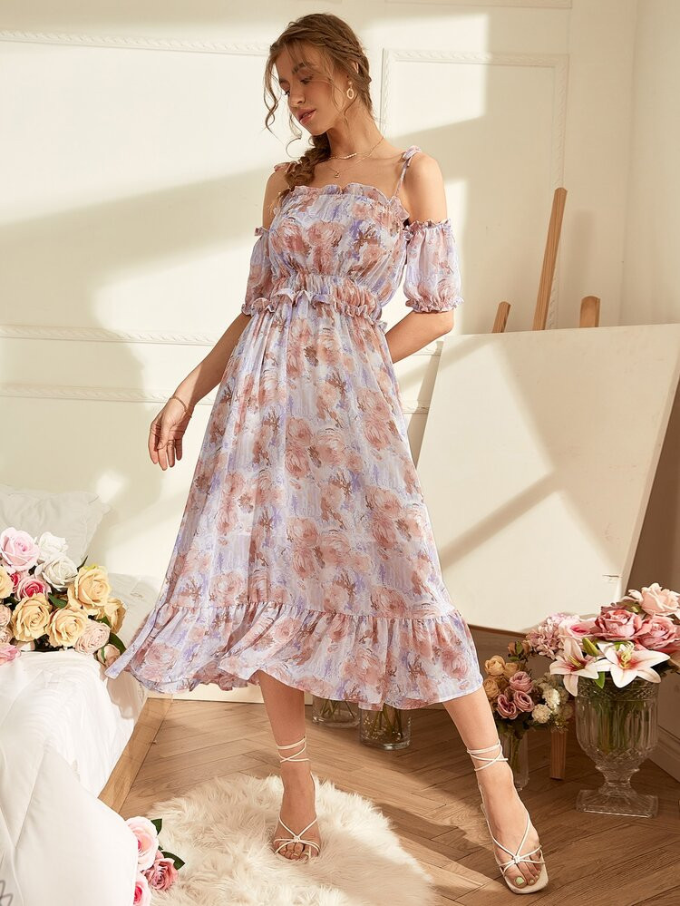 Random Floral Print Cold Shoulder Ruffle Hem Chiffon Dress | SHEIN