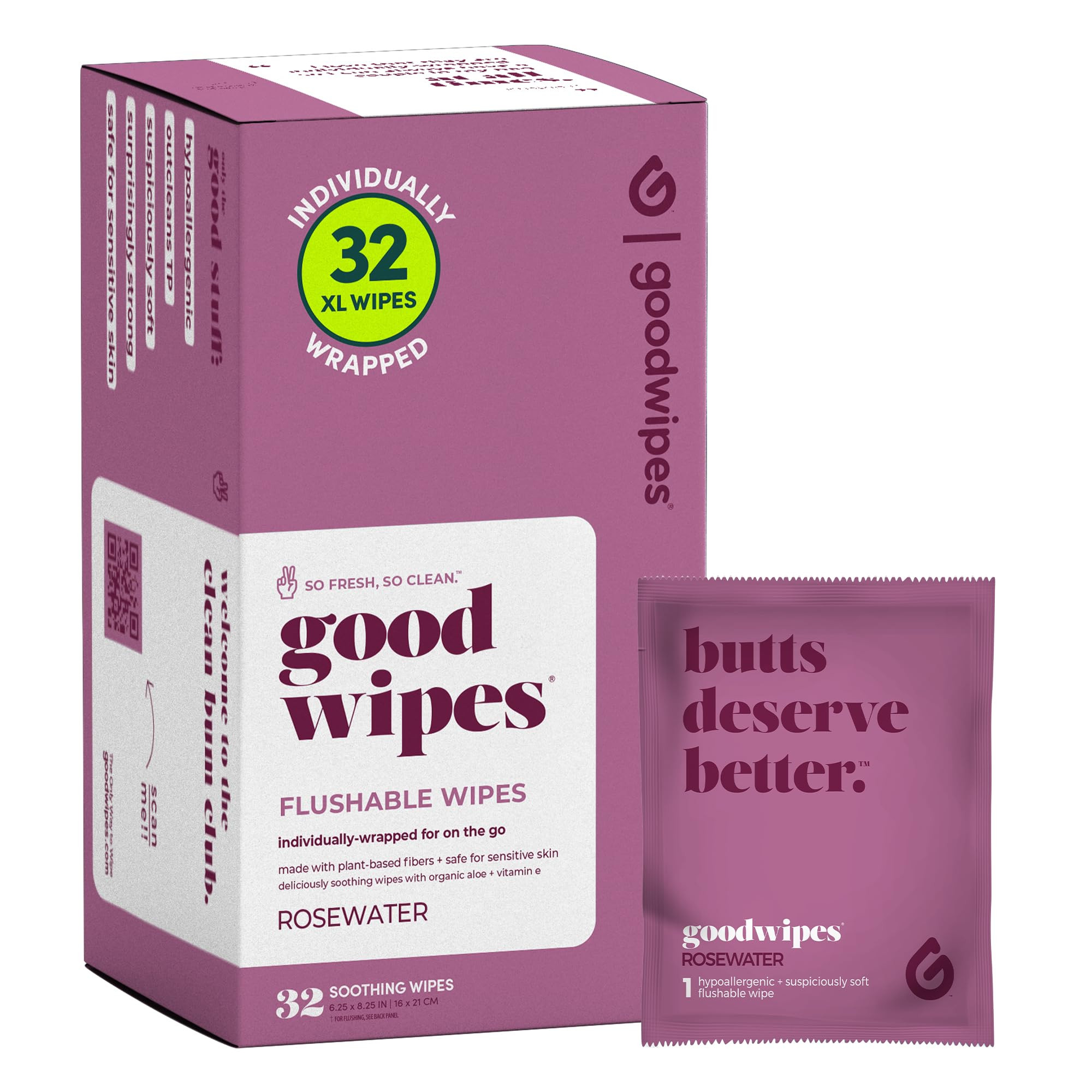 Goodwipes Flushable Wipes – Made with Vitamin E & Aloe – Soft, Individually Wrapped Butt & Feminine Cloths for On-the-Go & Travel Use – Largest Adult Toilet Towelettes – Rosewater, 1 pack, 32 count | Amazon (US)