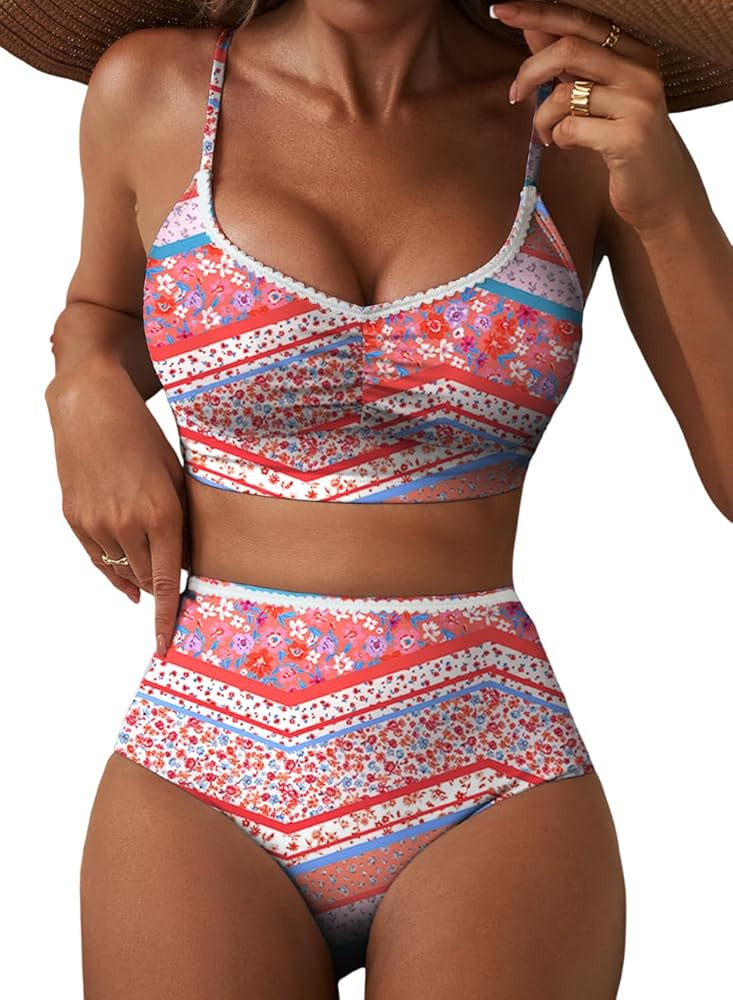 Herseas Women's Ruched Bikini Sets Two Piece Allover Printed Swimsuits High Waisted Bathing Suits | Amazon (US)