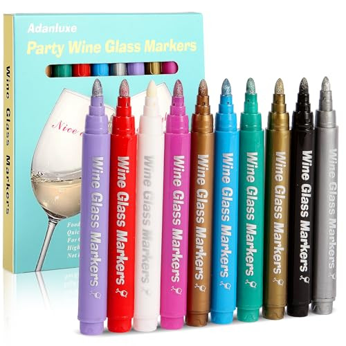 Adanluxe Metallic Wine Glass Markers, Set of 10 Food Grade Non-Toxic Window Markers for Glass Washable, Premium Paint Pens Used on Car Window, Mirror, Ceramic, Black Scrapbook, Rock and Wood,Glass Pen | Amazon (US)