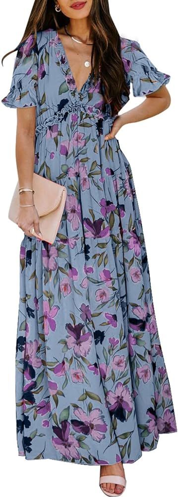 Bdcoco Womens Casual Floral Print Plunge Neck Maxi Dresses Long Sleeve Evening Cocktail Dress | Amazon (US)
