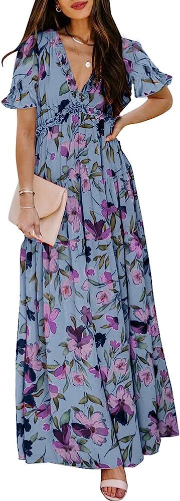 Bdcoco Womens Casual Floral Print Plunge Neck Maxi Dresses Long Sleeve Evening Cocktail Dress | Amazon (US)