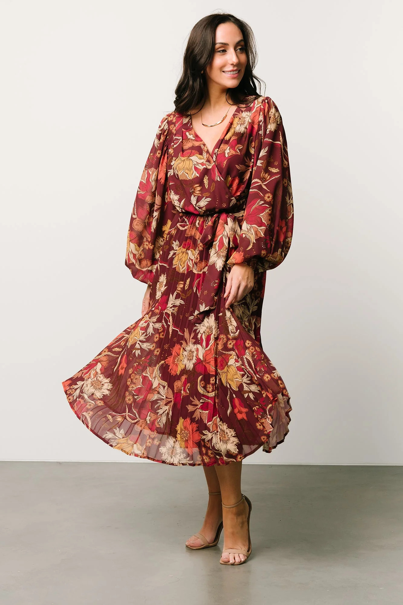 Haven Pleated Midi Dress | Burgundy Multi | Baltic Born