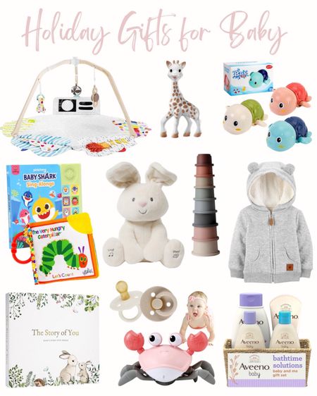 Holiday gifts for Baby! 
Play mat for baby, natural rubber pacifiers, crawling crab, stuffed animal toys, bath toys, teethers, keepsake memory book, hooded sweater jacket for babies, baby books. 


#LTKGiftGuide #LTKHoliday #LTKbaby