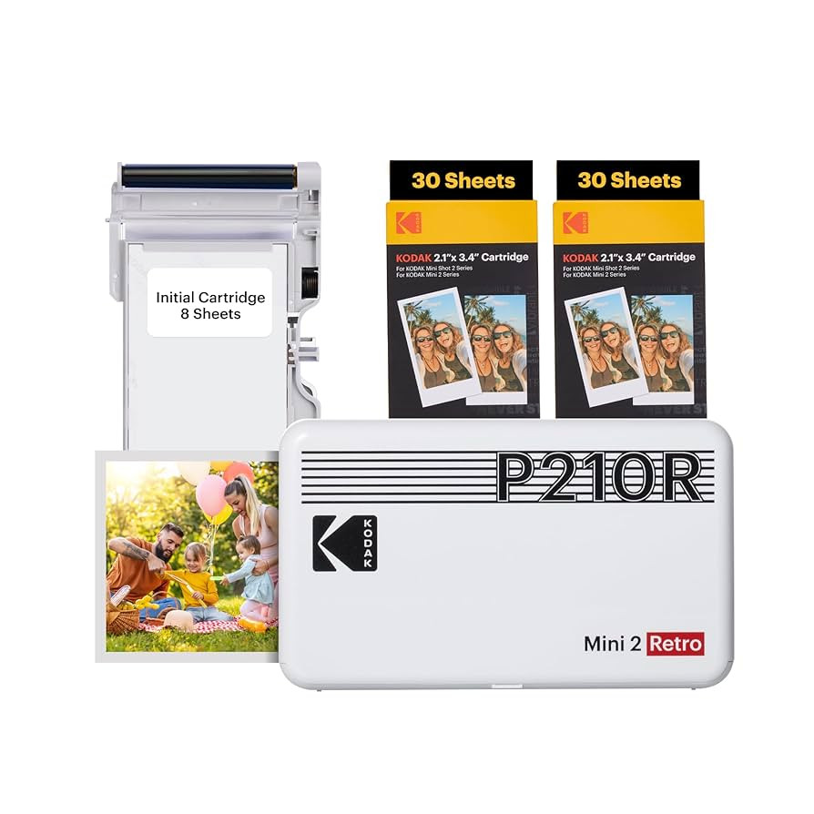 KODAK Mini 2 Retro 4PASS Portable Photo Printer, 2.1x3.4 inches, 68 Sheets Bundle, White | Amazon (US)