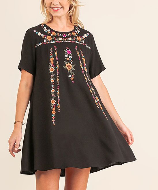 Jane Women's Casual Dresses Black - Black Floral Embroidered T-Shirt Dress - Women | Zulily