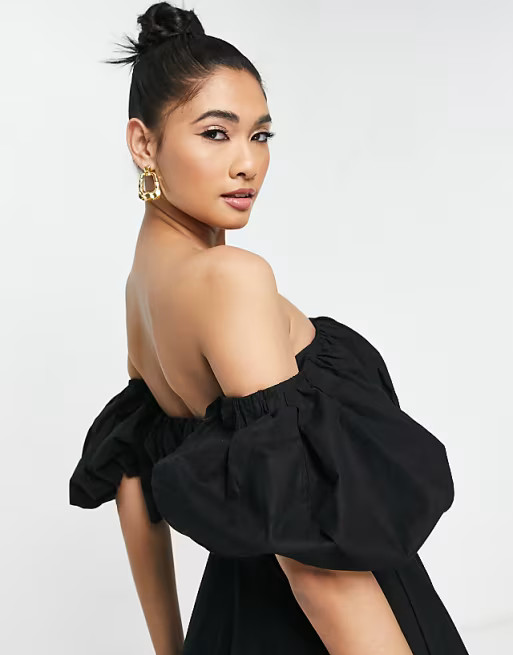 ASOS EDITION puff off shoulder cotton midi dress in black | ASOS (Global)
