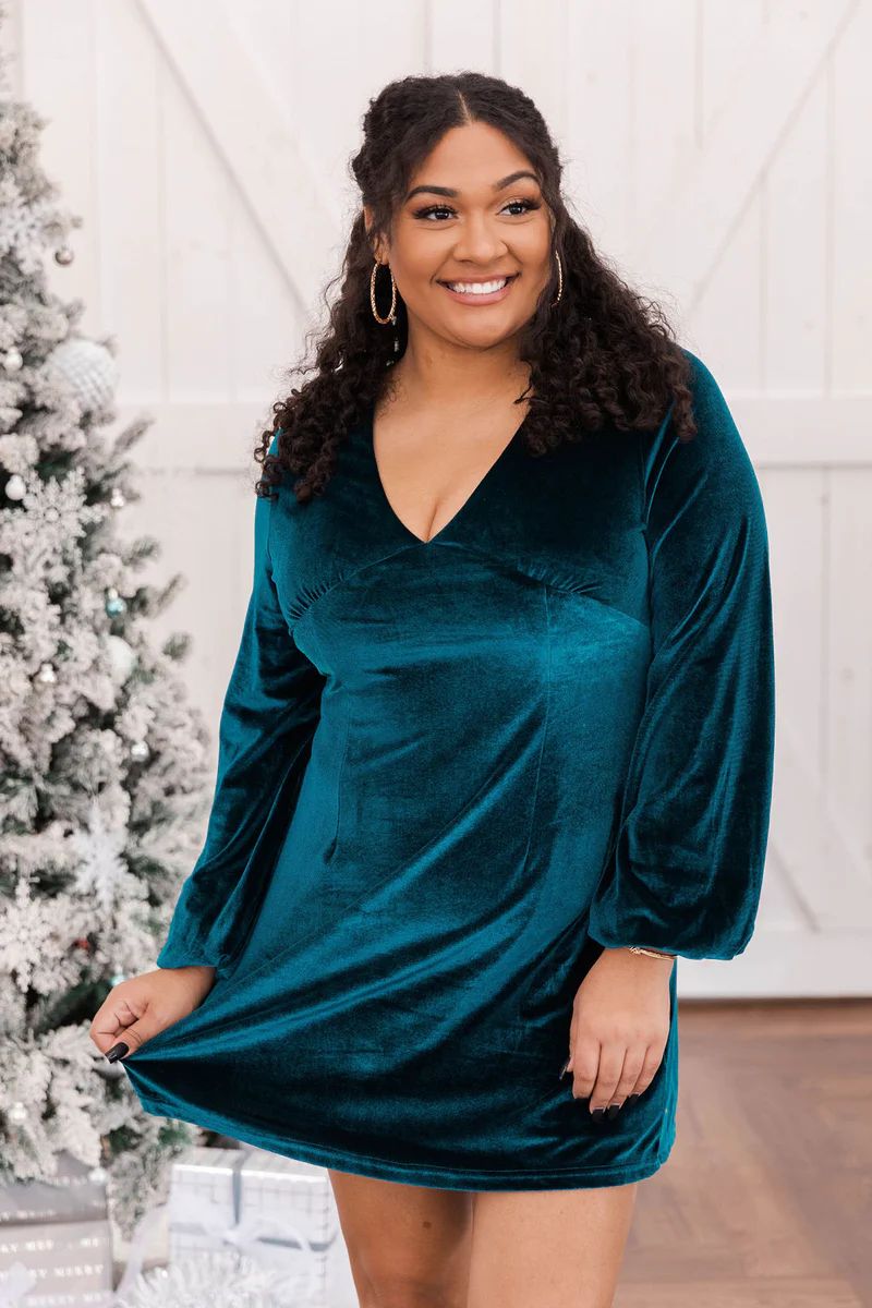 Finding Happiness Teal Velvet V-Neck Dress | The Pink Lily Boutique