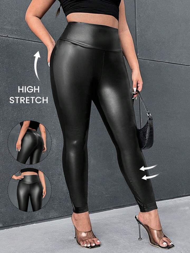 SHEIN Privé Plus Wideband Waist PU Leather  Black Spring  Leggings | SHEIN