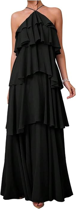SOLY HUX Women's Sundresses Ruffle Layered Halter Flowy Maxi Dress Elegant Wedding Guest Dresses | Amazon (US)
