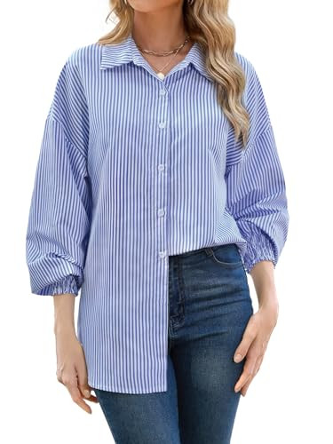 ZANZEA Womens Striped Button Down Shirts Classic Long Sleeve Smocked Cuffed Office Work Blouses Tops Blue XXL | Amazon (US)