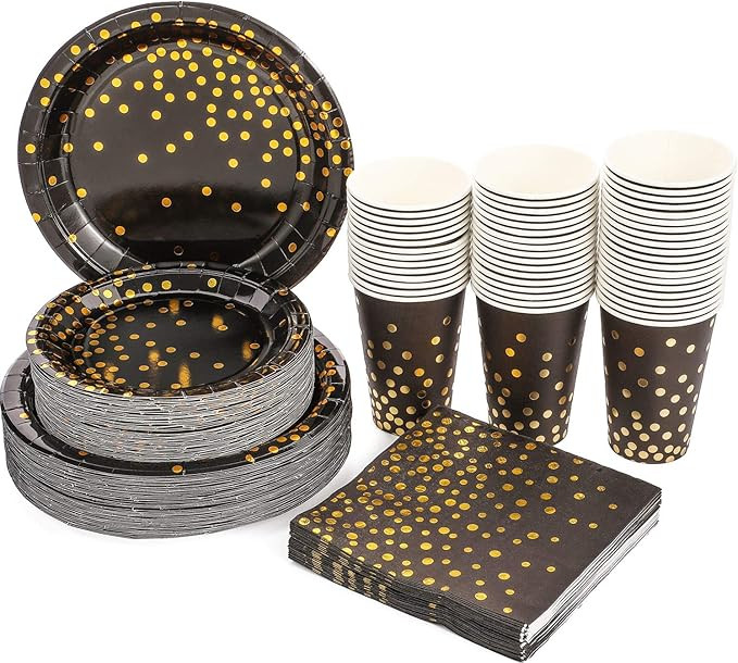 Black and Gold Party Supplies 200PCS Disposable Paper Plate Cup Napkin Set Includes 9"Paper Plate... | Amazon (US)