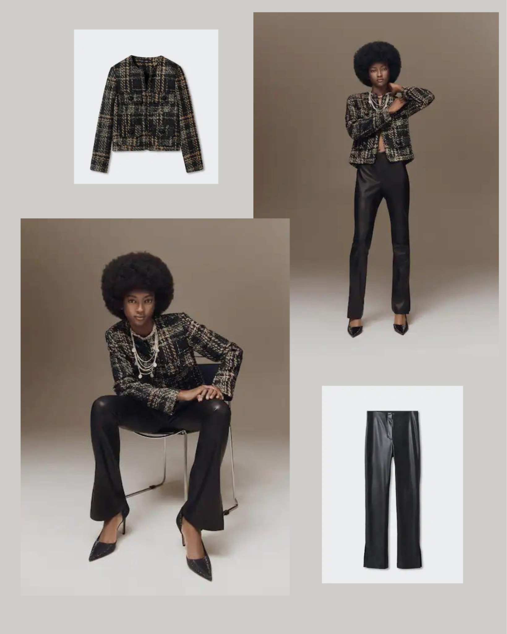 Pocket tweed jacket

Tweed fabric. Straight design. Cropped design. Inner lining. Two pockets with flaps. Unclosed. Co-ord.

Faux-leather pants
Current price US$ 69.99

Faux leather. Flare design. Zip and hook fastening. Side slit hem. Plus Size Available.

Pants, shoes, jeans, jackets, outfit, working pants, work outfit, office outfit 

#LTKunder100 #LTKsalealert #LTKstyletip