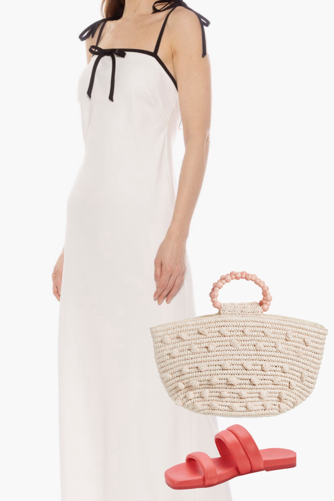 This white maxi dress with black bows is perfect for summer and would be really cute for brides! Loving this straw bag with polka dot details and the pink beaded strap. The coral red sandals bring out the beaded purse strap perfectly to pull the outfit together!

#LTKSummerSales