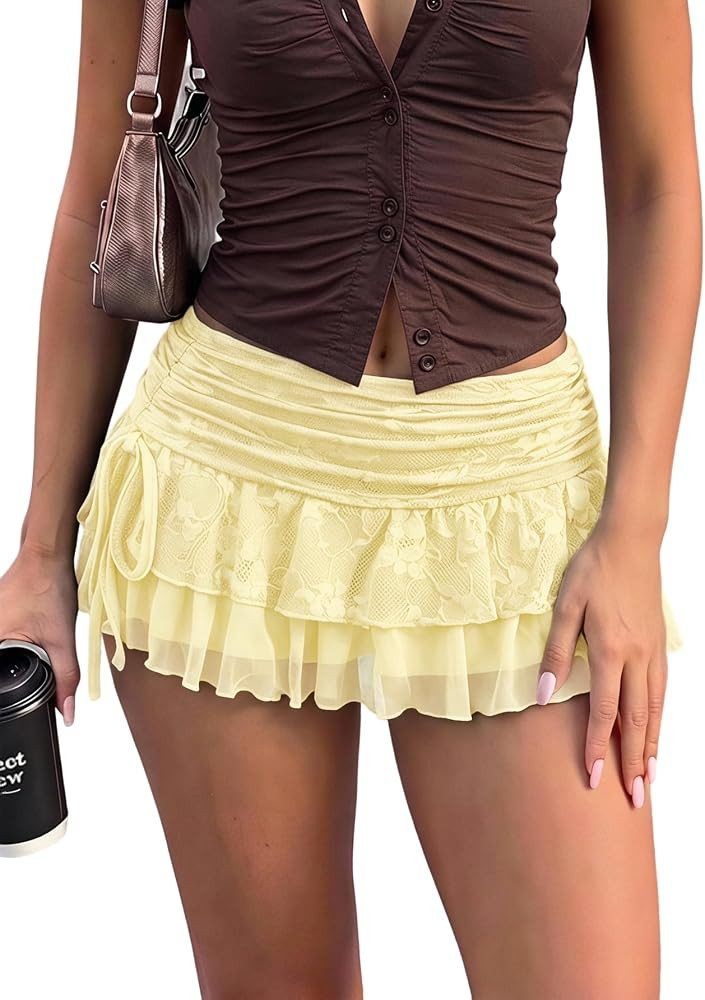 SHENHE Women's Lace Mini Skirt Y2k Low Rise Ruched Layered Ruffle Skirt | Amazon (US)