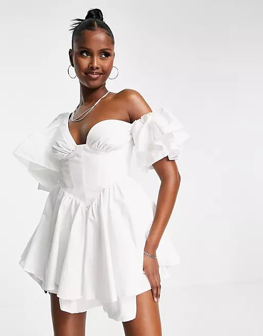 ASOS LUXE one shoulder cotton dress with corset detail and ruffles in white | ASOS (Global)