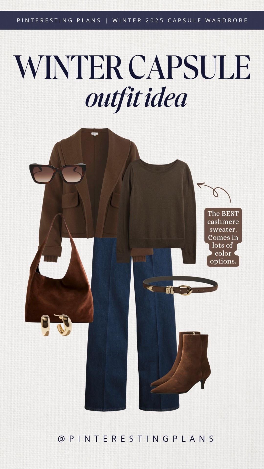 Winter outfit idea from my winter capsule wardrobe 

Chocolate brown cropped jacket, Quince cashmere sweater, dark blue trouser jeans, brown suede boots, matching bag, belt, sunglasses, and gold hoops

#LTKOver40 #LTKootd #LTKSeasonal