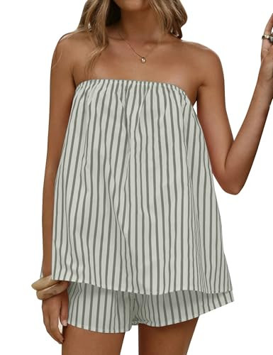 MSBESYOR Women Two Piece Striped Shorts Sets Summer Strapless Tube Top Matching Set Y2K Backless Lounge Vacation Outfits | Amazon (US)