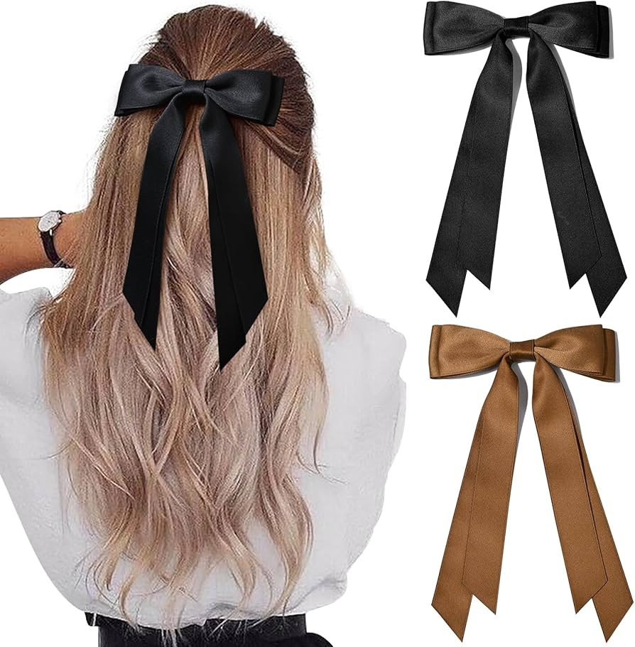 2PCS Silky Satin Hair Bows Hair Clip Black Brown Hair Ribbon Ponytail Holder Accessories Slides M... | Amazon (US)