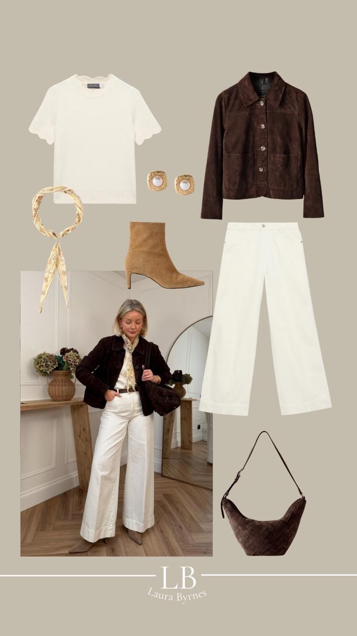@mintvelvet  brown suede jacket styling with cream wide leg jeans, knit scallop hem t shirt, brown suede bag, beige suede boots & neck scarf

#LTKstyletip #LTKuk #LTKwinter