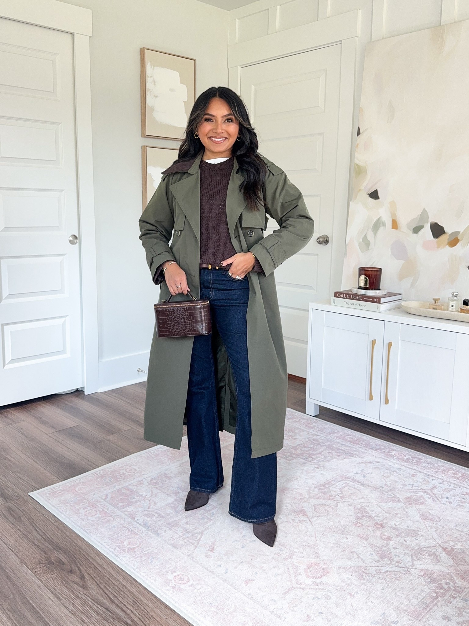 Green grape leaf color trench coat size xs petite TTS
White tank size xs TTS
Brown dark coffee sweater size xxs TTS
Brown and gold belt size xs TTS - I use the last hole on this belt so size up if you want more room!
Mid rise bootcut jean in dark rinse color size 26 short TTS
Dark brown boots size 5.5 TTS


#LTKPetite #LTKSaleAlert #LTKFallSale