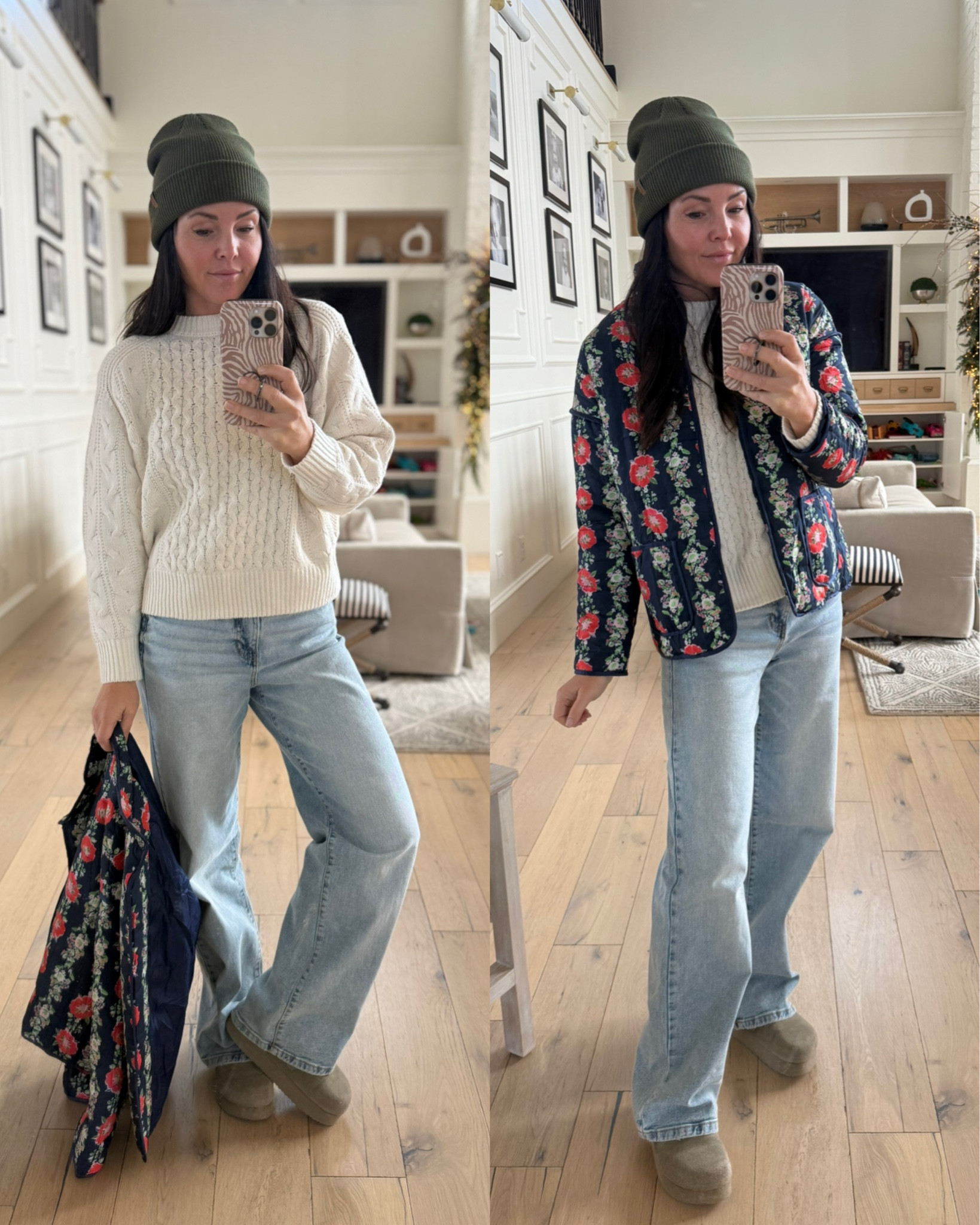 Casual winter mom outfit or Thanksgiving outfit (minus beanie).
LOVE THIS BEANIE! great quality ans inexpensive. 
Printed floral jacket on sale (free people lookalike)
Cable knit sweater - substantial weight and doesn’t pill! Wearing medium for baggy fit.
Wide leg jean with elastic back! So comfy and super affordable! 
Platform leather clog slides 


Target, Walmart, Amazon fashion 
Affordable fashion 

#LTKFindsUnder50 #LTKGiftGuide #LTKSaleAlert